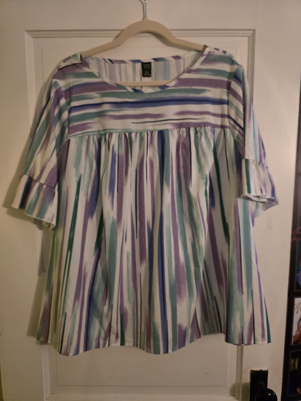 Watercolor Stripe Ruffle-Sleeve Tunic - Lavender, Teal & White